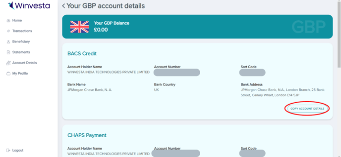 Copy bank details gbp